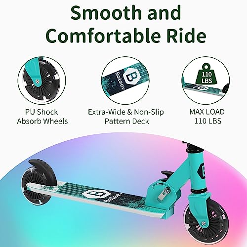 BELEEV V2 Kids Scooter 3-12 Years Old, Folding Scooter with 2 LED Wheels, Stem, Deck, 3 Height Adjustable, Scooter for Girls and Boys, Scooter