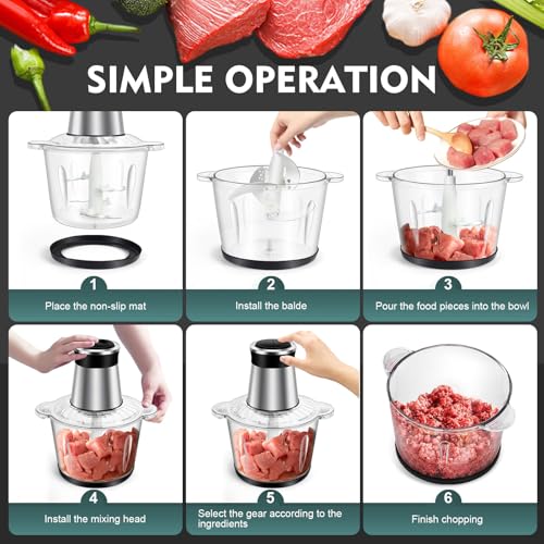 SKY-TOUCH Food Chopper & Mincer,300W Glass Grinder Chopper,2 Speed,4 Detachable Stainless Steel Blade,for Precision, Ice Crushing, Mincing，Anti Slip Ring