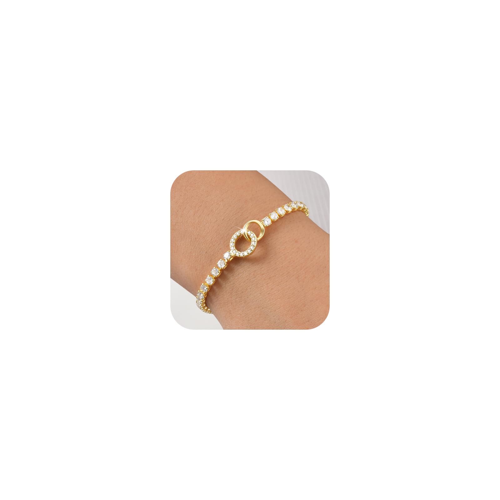 Interlocking Circles Tennis Bracelet for Women - 14K Gold Plated Cubic Zirconia Link Bracelet, Adjustable Dainty Minimalist Design, Trendy Anniversary Birthday Christmas Jewelry Gift for Her (Gold)