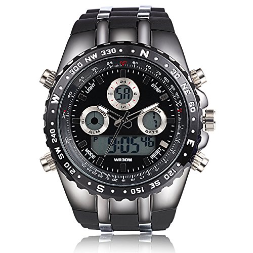 Readeel Military Men WristWatch Sports Watch Silicone Watch LED Light Dual-display Mens Watches, Black