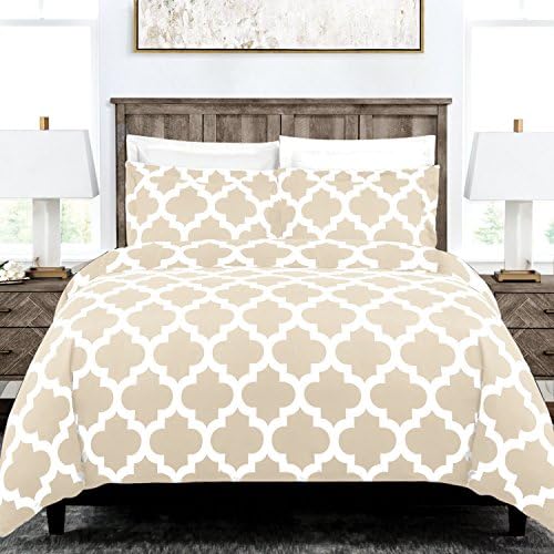 Egyptian Luxury Quatrefoil Duvet Cover Set - 3-Piece Ultra Soft Double Brushed Microfiber Printed Cover with Shams - Twin/Twin XL - Cream/White