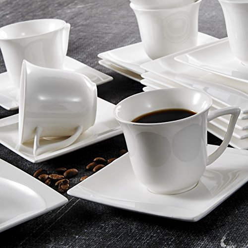 MALACASA 18-Piece Ivory White Porcelain Drinkware Coffee Set Tea Sets 6.8 oz Cups Saucers and Dessert Plates for 6 Carina Series