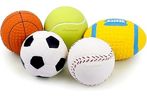 Pawdoer Squeaky Dog Ball, Soft Latex Rubber Squeaky Dog Toys for Small Dogs Puppies, Cute Squeak Toys Play Ball - Tennis, Soccer, Football, Basketball and Baseball 5 Pack