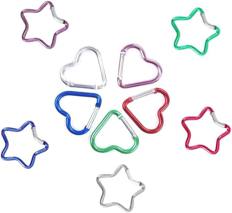 10Pcs Heart Star Carabiner Clip Set – Cute Alloy Key Ring in 5 Colors – Backpacks, Water Bottles Accessory and Keychain Carabiners Outdoor Accessories