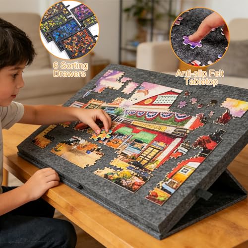 LUPATDY Tilting Puzzle Table, Puzzle Tray for Puzzles up to 1000 Pieces, Portable Puzzle Tray with 6 Felt Drawers with Stand and Lid 2-in-1 (Black)