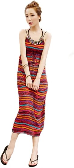 Amazon Co Jp Fowmalheart カラフル ビジュー アース ラスタ カラー ボーダー 綿 レディース 夏 マキシ ワンピース 服 ファッション小物