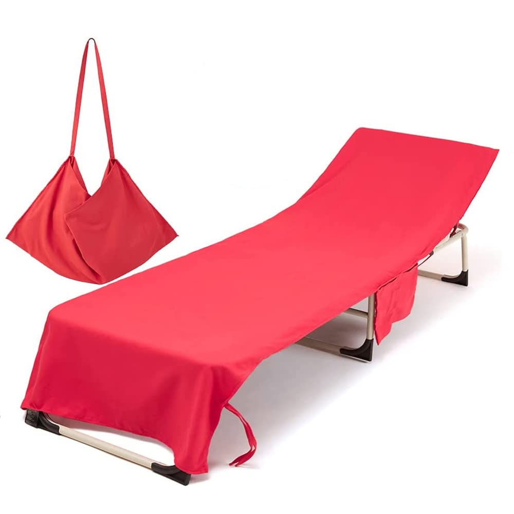 Morbuy Portable Solid Color Beach Towel, Beach Chair Cover Towel, Sun Lounger Beach Towel with Pockets, Microfiber Chaise Lounge Towel Cover for Summer Outdoor Garden Pool Vacation Travel (Red)