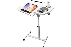 YAQUHO Overbed Table with Wheels Adjustable Height, Tiltable Desktop with Tray, Over Bed Table Rolling Bedside Tables, Medical Mobile Standing Desk, for Hospital Office Bedroom Sofa, White