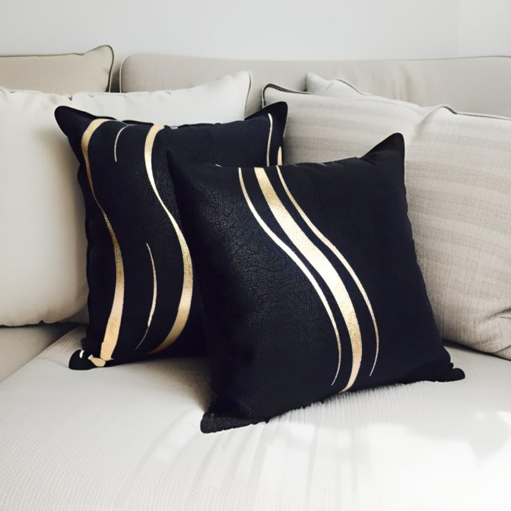 Photo 1 of 1 Pair Striped Decorative Throw Pillow Case, Polyester Square Pillow Sofa Cushion Cover (Black and Gold, 18 x 18)