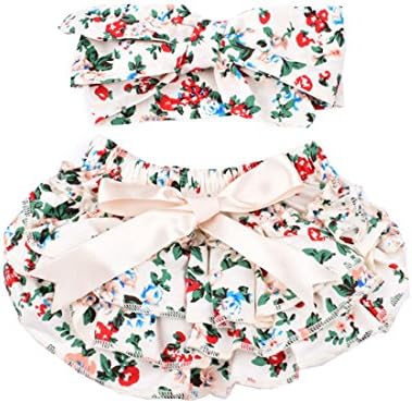 Baby Girl's Bloomer and Headband Set Floral Print Lace Ruffle Diaper Cover
