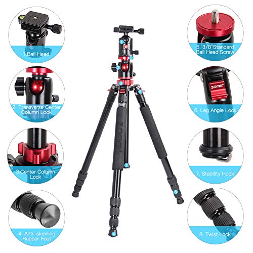 ZOMEi DSLR Camera Tripod 4 Section Portable Magnesium Aluminium Monopod Professional Tripods with 360 Degree Horizontal Rotation Ball Head Quick Release Plate for Canon Nikon Sony DSLR Cameras DV