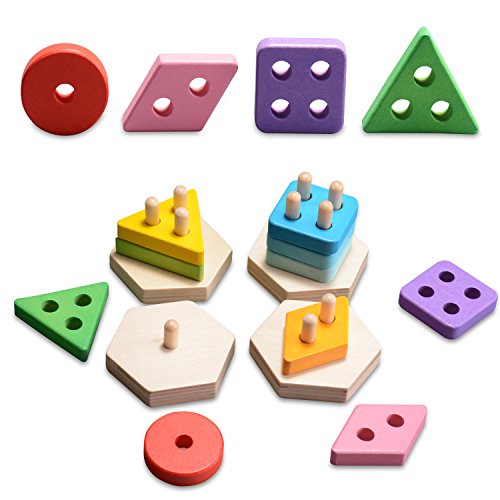 Wooka Wooden Preschool Geometric Stacking Puzzle Educational Shapes and Colors Sorting Board Early Developmental Stacking Block Chunky Toys for Kids - Thumbnail 4