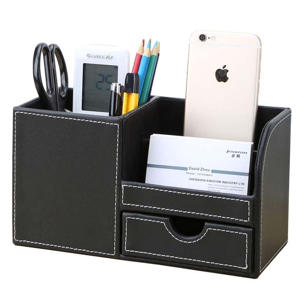 KINGFOM Desk Organiser Tidy Caddy Leather Pen Pencil Pots Holder Stationery Storage Office Desktop Supplies Organisers with Drawer Black