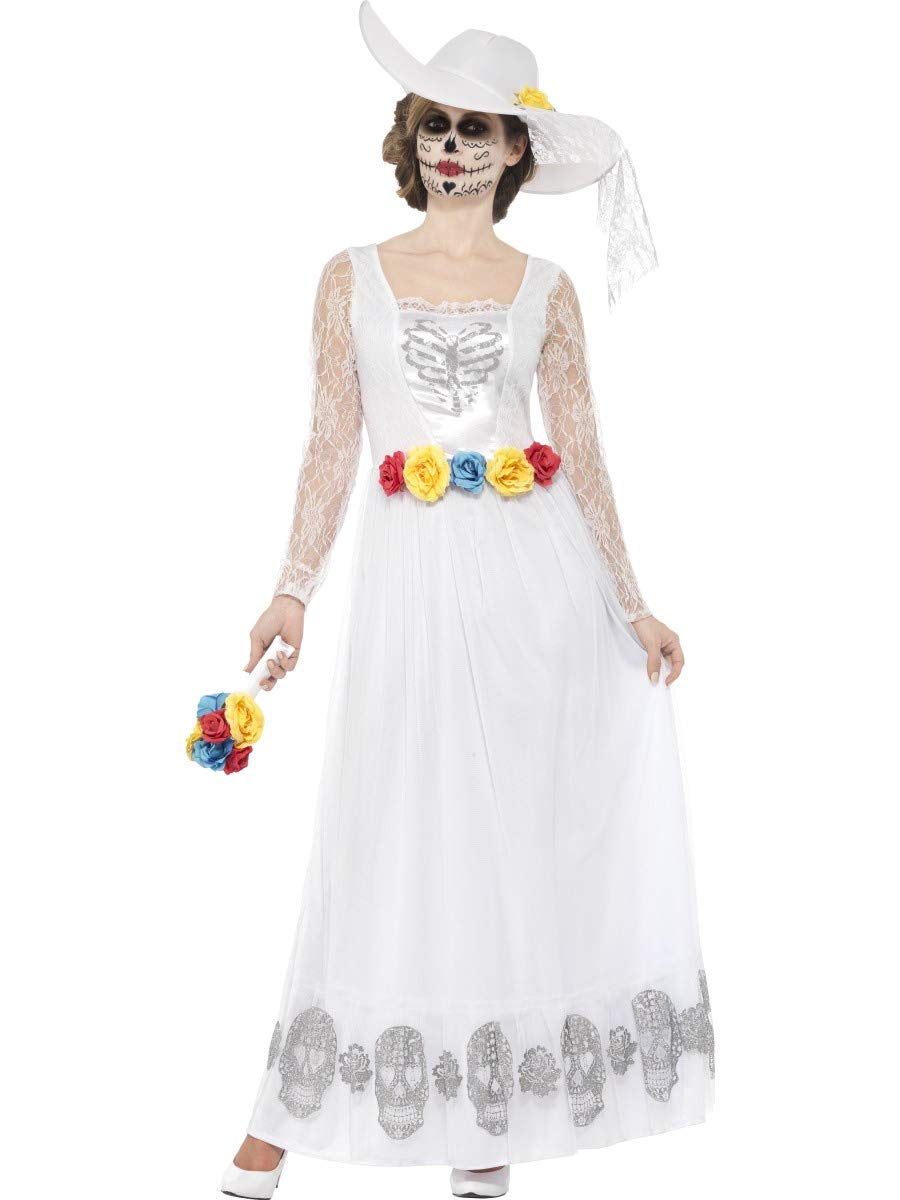 Smiffys Day of the Dead Skeleton Bride Costume, White with Dress, Hat & Bouquet, Mexican Day of The Dead/Sugar Fancy Dress, Halloween Dress Up Costumes