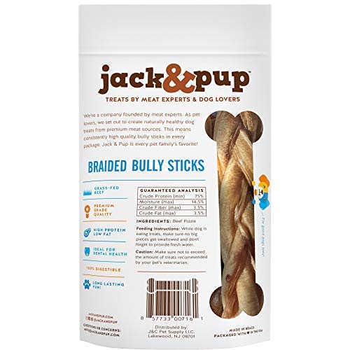 Jack&Pup Braided Bully Sticks for Dogs Premium Odor Free Dog 6inch