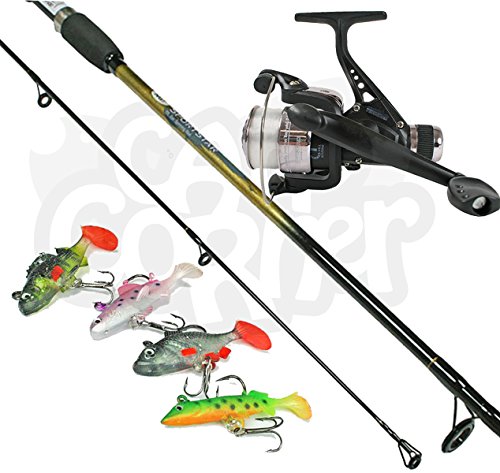 Spinner Set bis komplett mit 6 ft 2pc Rute & Rolle und 4 weichen Gummi Kunstköder hergestellt von NGT