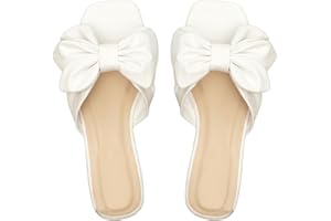 GORGLITTER Women's Bow Flat Sandals Dressy Square Open Toe Sandals Comfortable Slip On Slide Sandals