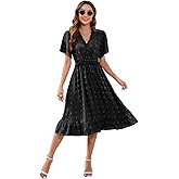 Womens Short Sleeve Wrap V Neck Flowy Midi Dress Summer Swiss Dot Ruffle Vacation Sundress