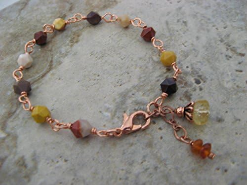 Diamond-Cut Jasper Gemstone Mixed Metals Copper Bracelet Boho Artisan Jewelry