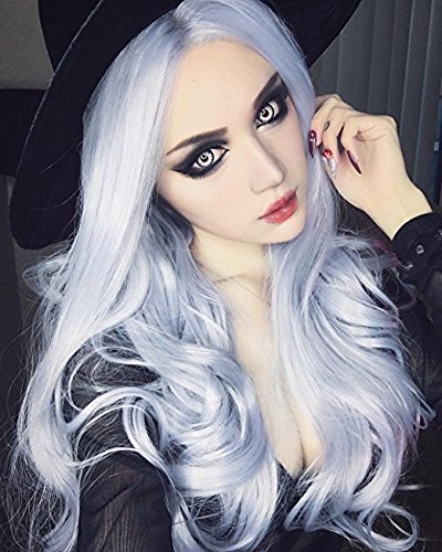 Goodyard Synthetic Fiber Lace Front Wig light gray color Long Wavy Wig Hand Tied Natural Looking And comfortable to wear