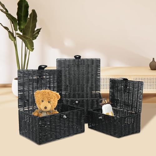 Homodoskey Set of 3 Woven Storage Basket Box Wicker Hamper Stackable Bin with Lid & Lock, Built-in Carry Handles, Organizer for Nursery, Baby Closet, Diaper, Toys, Home, Office, Laundry, DVD (Black)