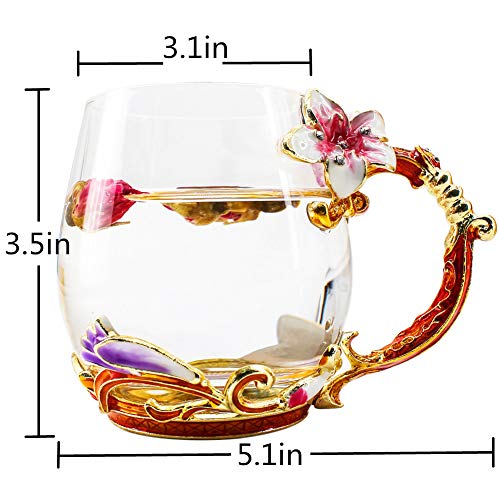 Tea Cup Coffee Mug Cups, Creative Lily Flower Glass Tea Cup, Handmade Tea Mug, Unique Personalized Birthday Present Ideal for Friend Wedding Anniversary Christmas Birthday - 12OZ Pink