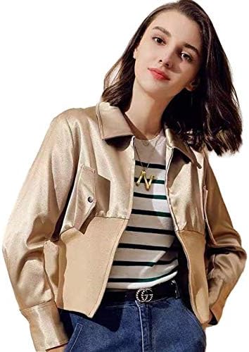 Amazon レディース サテンジャケット 極太リブ 無地 シンプル 軽アウター ジャケット ジャンパー ショート丈 2カラー 4サイズ展開 カジュアル コート ジャケット 通販