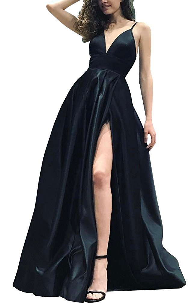 PLMS Women's V Neck Slit Evening Dresses Backless Long Prom Dresses for
