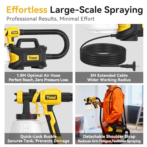 YFFU Fence Paint Sprayer 800W,Electric Spray Paint Gun with 3 Meters Cable 1.8M Hose 1300ml Container,HVLP Spray Gun 3 Nozzles 3 Spray Modes for House Painting Wall Ceiling Furniture,Black
