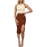 oten Women 2 Piece Summer Sexy Slim Skirt Ribbed Sleeveless Tank Top Bodycon Slit Dress High Waist Midi Dresses Outfit Set