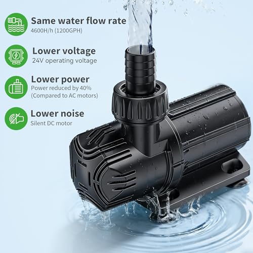 POPOSOAP 4600 L/h DC Pond Pump, Safe 24V Low Voltage Quiet Water Feature Pump with AC/DC Converter, 4 Hose Adapters for Garden Ponds, Aquariums, Fountains, Water Features