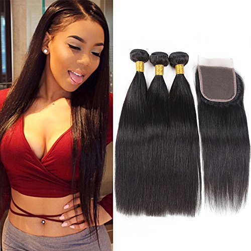 Brazilian Straight Human Hair Straight With Lace Closure Free Part 9a Remy Brazilian Straight Virgin Hair 100% Brazilian Human Hair Extension 3 Bundles with Closure 20 22 24 + 18 Natural Black