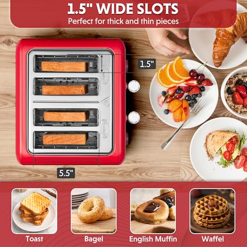 BUYDEEM DT640 4-Slice Toaster, 7 Shade Settings, Extra Wide 1.5’’ Slots for Bagel & English Muffin, 6 Toasting Functions, Retro Stainless Steel Toaster with High Lift Lever, 1800W, Red