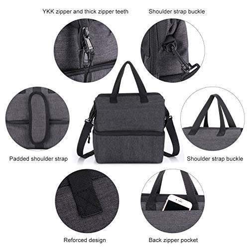 Lunch Bag Box 2 Compartments Lunch Tote Double Deck Cooler Bag Insulated Reusable with Shoulder Strap Men Women in Picnic Trip Working (Gray N20) by F40C4TMP