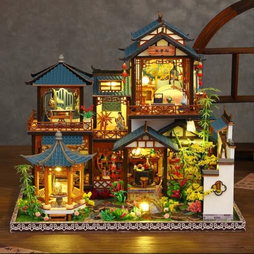 TOPBSFARNY 3D Wooden Miniature Assembled Dollhouse Kit,Chinese Style Yard Playground with Musical Creativity, Halloween Birthday Gift (with Dust Cover)