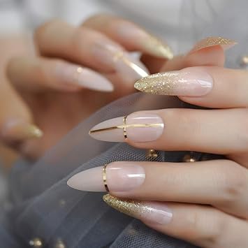 Amazon Com Long Sharp Good Quality Faux Ongles Gorgeous Gold Designed Beauty Fake Nail Pointed Artificail Daily Nail Art Tips Beauty