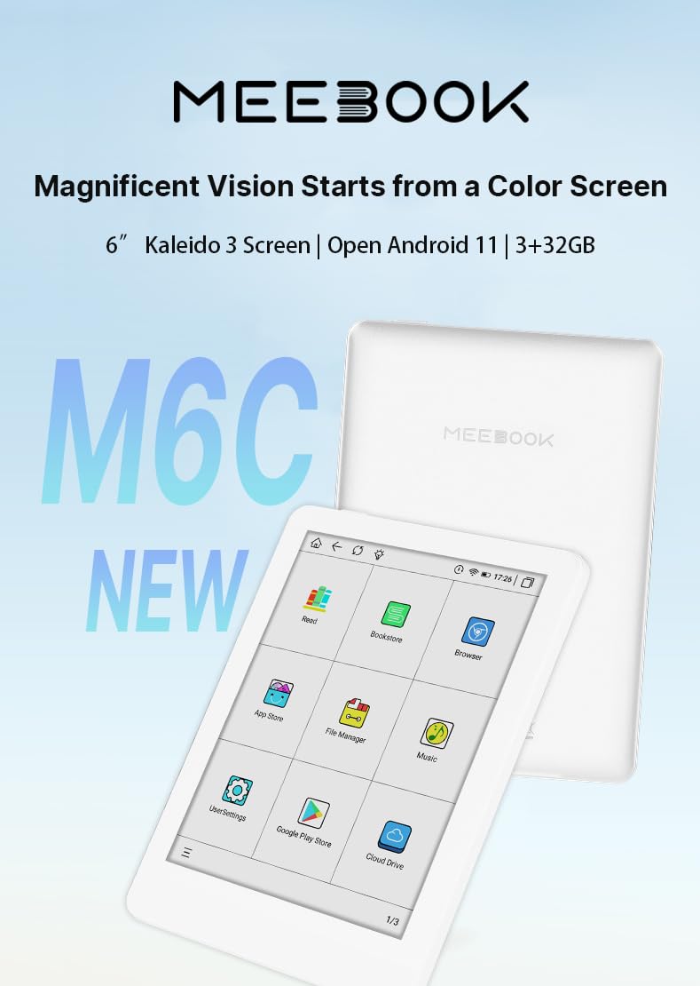 MEEBOOK (likebook) Ebook reader[M6C],6”Kaleido E-ink Color Screen+ Quad core Cortex A55, 1.8GHz CPU + 3GB RAM+ 32GB Memory、Android 11、Wifi、Blutooth、support Micro SD/TF card, White