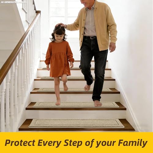 Non-Slip Stair Treads for Wooden Steps Indoor, 15 Pack 8" X 30" Edging Stair Rugs with TPE Backing,0.45" Thick Carpet Stair Treads for Kids Elders & Pets, 100% Polyester Soft Stair Runners, Beige