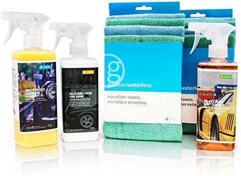GoClean 5pc WATERLESS CAR WASH COMBO KIT - Waterless Car Wash Spray, Heavy Duty Spot Cleaner, Tire Shine Solution &amp; 8 Microfiber Drying Towels - No Water Natural Exterior Auto Cleaning Gift Set