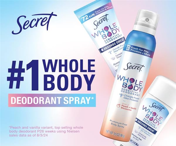 SECRET WHOLE BODY DEODORANT STICK FOR WOMEN, LILAC & WATERLILY SCENT, ALUMINUM FREE DEODORANT STICK, 72 HR ODOR PROTECTION, 2.4 OZ