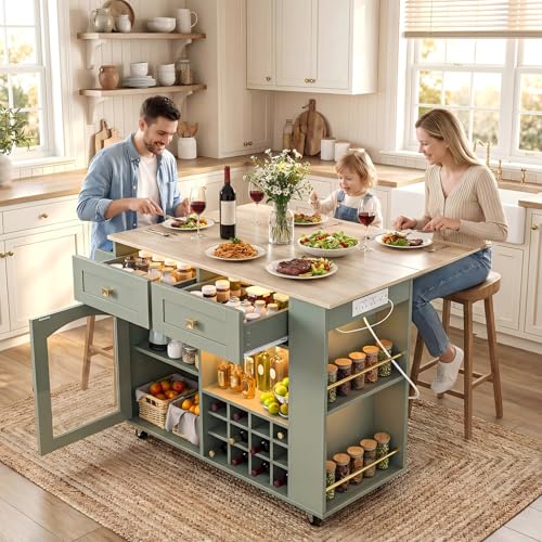 SIMPLE ESPACIO Isla de Cocina,Isla Cocina Está Equipada con una Mesa Plegable,Enchufes y Tiras de Luces,un Botellero y un Estante para Condimentos,Armarios y Cajones,Asas y Ruedas(Blanco-Verde)