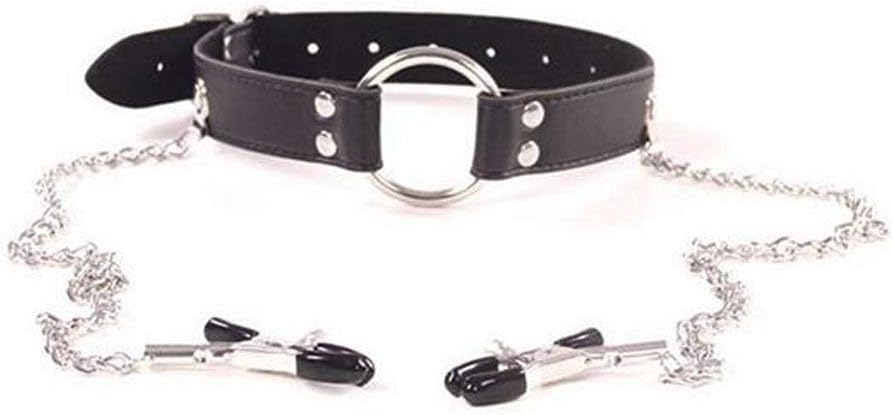 Adult Black Leather Collar with Split Ring Nip Ple Clip