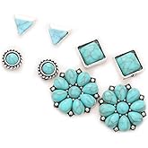 Zhang shine Turquoise Stud Earrings Set for Women Handmade Gemstone Geometric Flower Stud Earrings Western Statement Cowgirl Ethnic Boho Country Jewelry