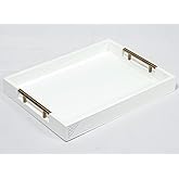 Serving Tray with Polished Metal Handles, 16.5''x12'' Rectangle Coffee Table Tray, Modern Decorative Tray, Large Ottoman Tray, Perfect for Storage and Display (White)