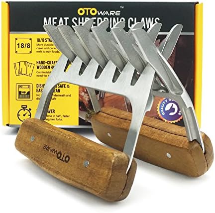 Metal Meat Claws：OTOware 18/8 Stainless Steel Meat Forks with Wooden Handle, Best Meat Claws for Shredding, Pulling, Handing, Lifting &amp; Serving Pork, Turkey, Chicken, Brisket ( 2 Pcs,BPA Free)