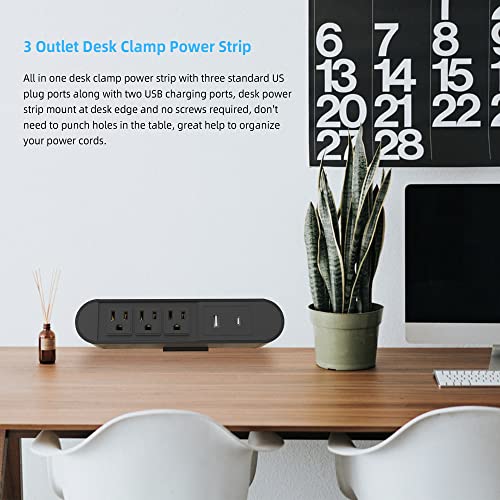 3 Outlet Desk Clamp Power Strip, Desk Mount Power Strip with USB Ports, Mountable Desk USB