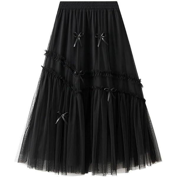 AQQYA Women's Tiered Tulle Skirt - Black Flared Mesh A-Line Skirt With Elastic Waist | Boho Princess Tutu Skirt For Parties, Weddings, Daily Wear