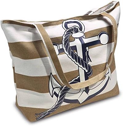 Beach Bag With Inner Zipper Pocket and Anchor with Bonus Dry Bag for Smart Phones or Make Up