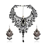 Eternity J. Elegant Vintage Black Lace Victorian Lolita Gothic Pendant Choker Necklace Earrings Set