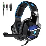 [PS4 New Xbox One Gaming Headset] EasySMX Stereo Gaming Headset USB and 3.5mm Audio Connector Wired Over-ear Gaming Headset with Hidden Mic Breathing LED Light for PC/PS4/New Xbox One (Black-Blue)